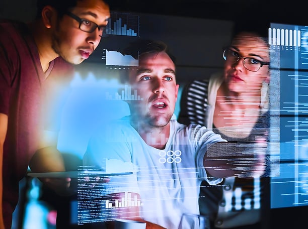 Male leader discussing data with a man and a woman on a computer screen