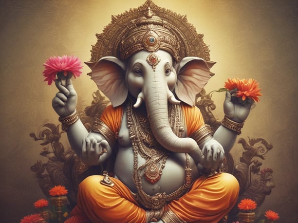 A colorful statue of the Hindu deity Ganesha is adorned with traditional decorations and flowers. The statue is placed on a marble surface with a small lit oil lamp in front. Multicolored lights are visible in the background, creating a festive atmosphere.