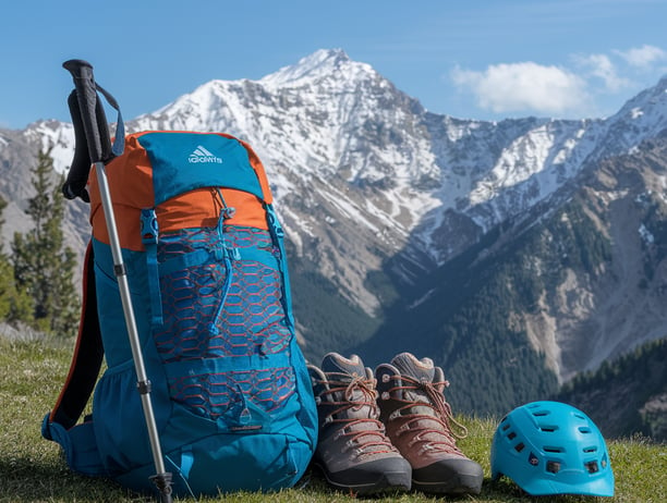 Image of a backpack, hiking boots, and helmet. Snow-capped mountains in background.