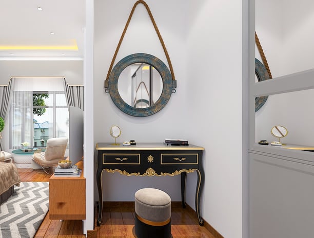 a room with a mirror and a mirror
