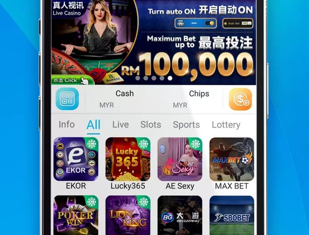 A lively casino scene featuring a row of bright, colorful slot machines with themes like Monopoly, M