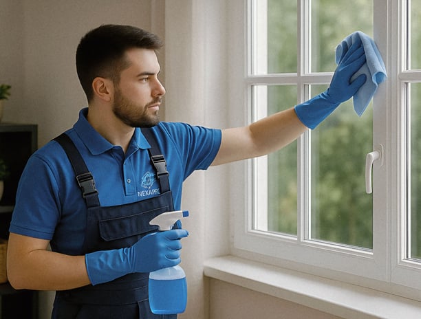 Nexa Pro cleaner wiping residential window with cloth and spray in Louisville home