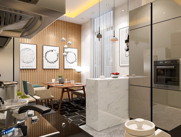 a kitchen with a marble counter top and a sink