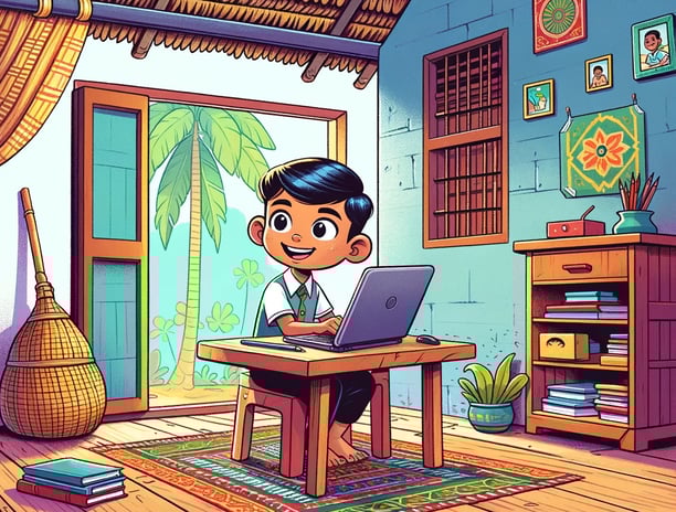 a boy sitting at a desk with a laptop