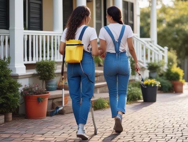 A person wearing a helmet and a patterned dress is seen mopping the ground outside a wooden house. The house is blue and brown with laundry hanging near the entrance. The person is wearing blue slippers and there are plants visible in the background under a clear blue sky.