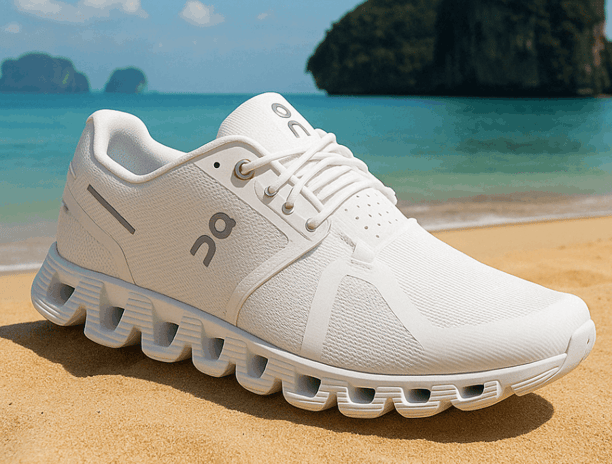 ON Men's Cloud 5 Sneakers on a beach with turquoise waters in the background