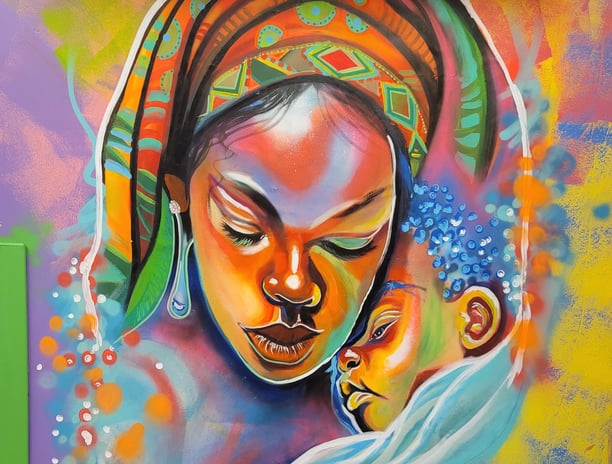 A colorful image of a mother and child painted in WIC office.