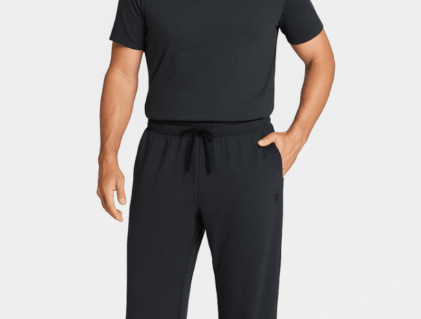 a man in a black shirt and Baleaf cotton sweatpants