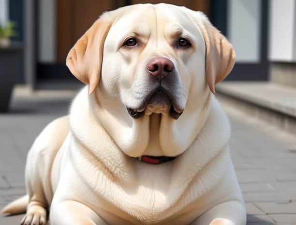 Fat labrador dog sitting on the floor