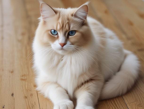 A fluffy, gray cat wearing a collar with a small bell is sitting upright. Behind it are shelves with various pet supplies, including bird cages and bags. The setting seems to be a pet store or an area with pet-related items.