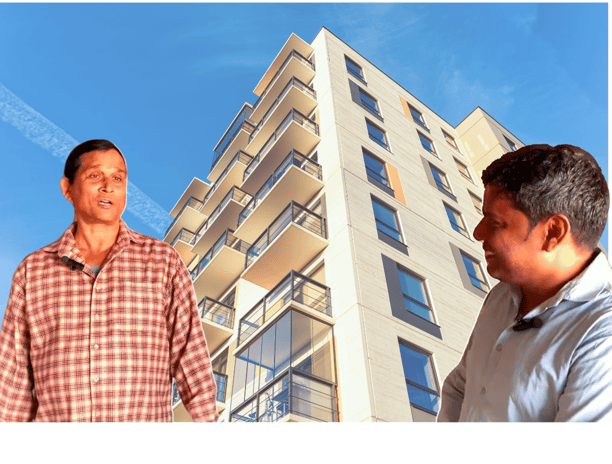 Two men discussing real estate, superimposed on a modern apartment building background.