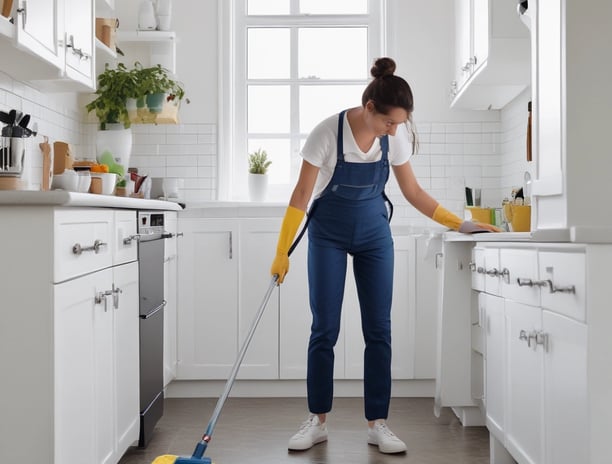 A person wearing protective clothing, a face mask, and gloves is cleaning a white cushioned furniture piece using a vacuum cleaner. The setting appears to be indoors with bright natural light streaming in through large windows. A green potted plant is placed next to a white sofa, adding a touch of nature to the clean and tidy environment.