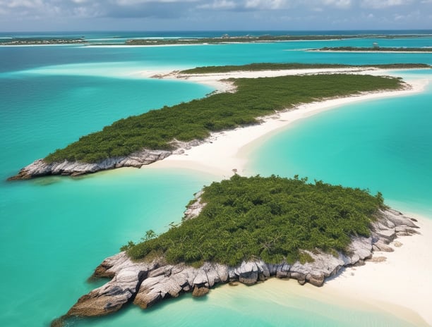 An aerial view of a sprawling landmass with intricate shapes surrounded by a deep blue body of water. The land appears dry, with a mix of brown and beige tones, and is intersected by narrow channels of water.