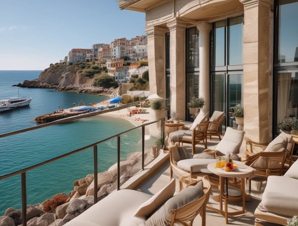 A hotel room with a neatly made bed featuring two yellow cushions and two bedside lamps providing warm lighting. A black and white headboard contrasts with the beige walls. In the foreground, a tray on a counter holds glass tumblers, mugs, and various coffee sachets. A promotional card for travel assistance leans against the tray.