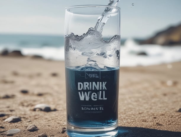 A sign for drinking water with a blue icon featuring a faucet above a glass. The text is written in both Chinese and English, illuminated against a black background.