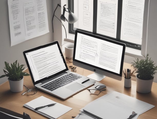 A wooden desk features a laptop displaying an email marketing webpage. On the desk are envelopes, one open with a blue inner lining, and two visible notes with the phrase 'Email Marketing.' There is also a small potted plant with green leaves and a yellow tape labeled 'Saturday Delivery.'
