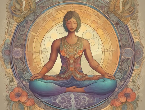A person is seated in a meditative posture with hands placed on the chest and abdomen. The individual is draped in white, flowing fabric and is adorned with a ring and necklace. A soft, natural light filters through the curtains in the background. In the foreground, there are decorative bowls and what appears to be a piece of smudge stick resting on a small plate.