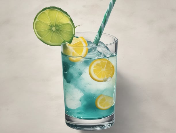 A turquoise and green energy drink can labeled 'Positive Energy' stands on a white platform. It is surrounded by fresh coconut halves and lime slices, with tropical palm leaves adding to the vibrant, tropical theme. A small green and white paper umbrella is placed inside a coconut half, enhancing the tropical atmosphere.
