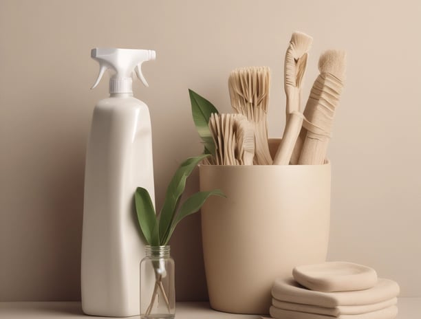 A collection of eco-friendly cleaning products and personal care items laid out on a flat surface. The composition includes bottles of cleaning sprays with silver metallic finishes, glass bottles of essential oils, wooden toothbrushes, a rectangular bar of natural soap, and various cleaning brushes with wooden handles. The arrangement is visually appealing, with shadows adding depth and texture.