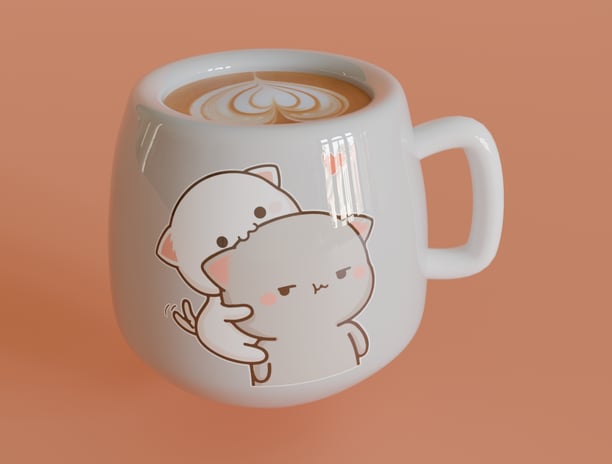 A 3D-rendered coffee mug with a cute cartoon cat design, featuring a glossy ceramic finish.