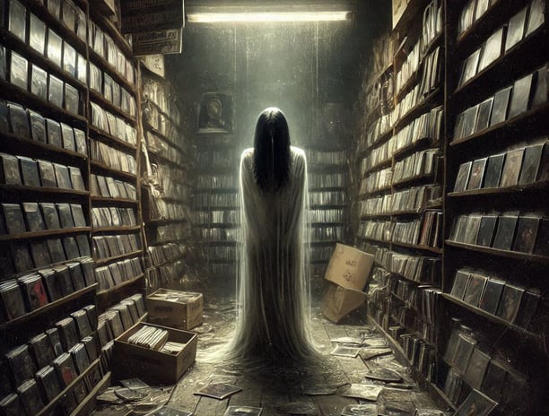 An ethereal woman with black hair in front of her face. She is in a record store.