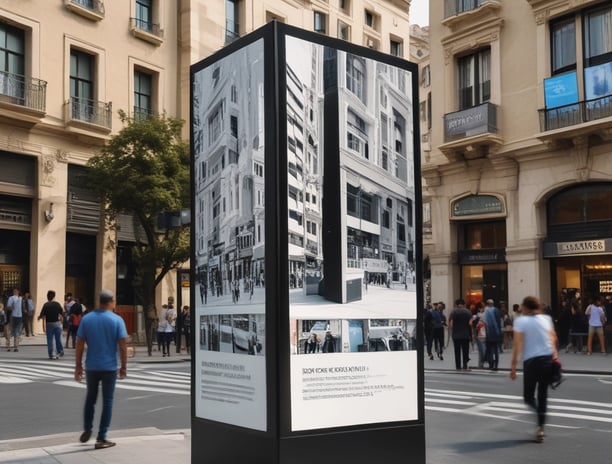 Large digital advertisements displayed on a curved screen above a busy street corner, featuring an illuminated sign for the London Underground. The scene is bustling with people and streetlights, suggesting a lively urban setting.