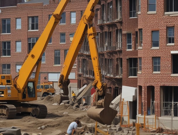 A bustling construction site surrounded by greenery, with metal beams and columns in various stages of assembly. Two large cranes, one black and another orange, are positioned prominently, aiding in the construction efforts. In the background, a residential building with red and white patterns is visible beyond a line of trees.
