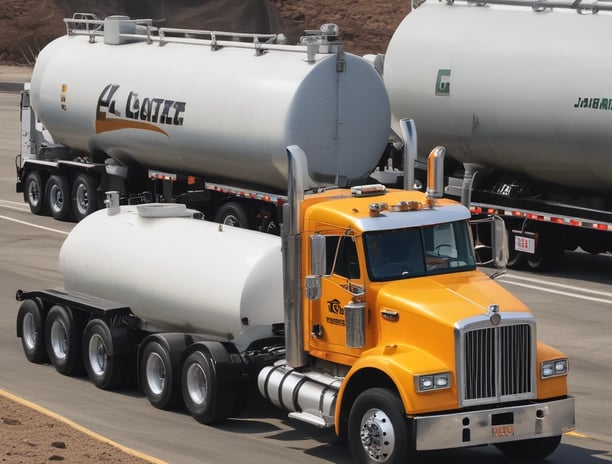 A moving truck with company branding is parked next to an open shipping container on a trailer. Two people are handling items near the container, while a car is parked in the background. The sky is overcast, and the ground appears to be asphalt.