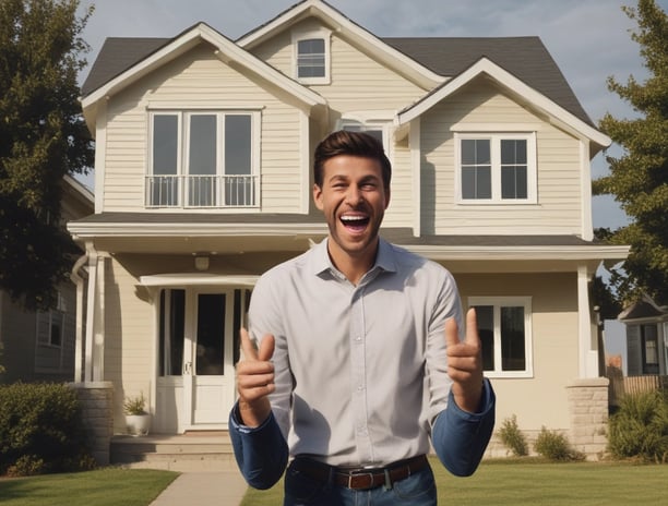 A real estate auction sign displaying the word 'SOLD' in bold red letters. The sign includes images of a home's interior featuring a living room with modern furniture, and it is set against the backdrop of trees and sky.