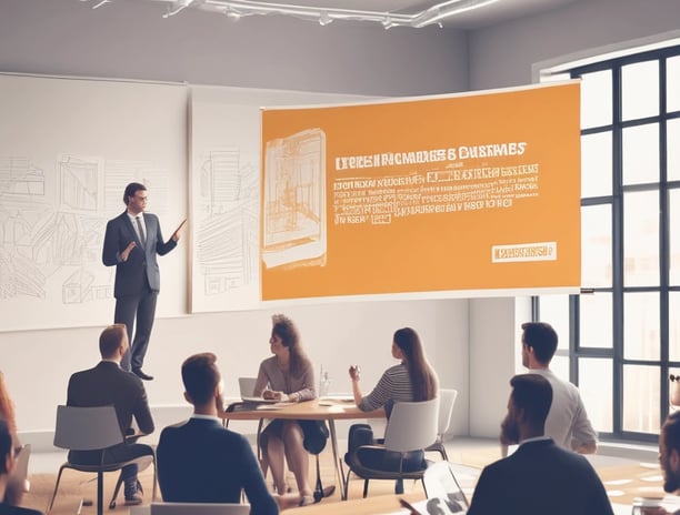 A group of people is engaged in a training session in a conference room setting. A presenter is standing and holding a sheet of paper, addressing the group seated at a round table. The attendees are actively listening, and there's a banner in the background advertising UX training. The room is well-lit, with a flipchart visible at one side.