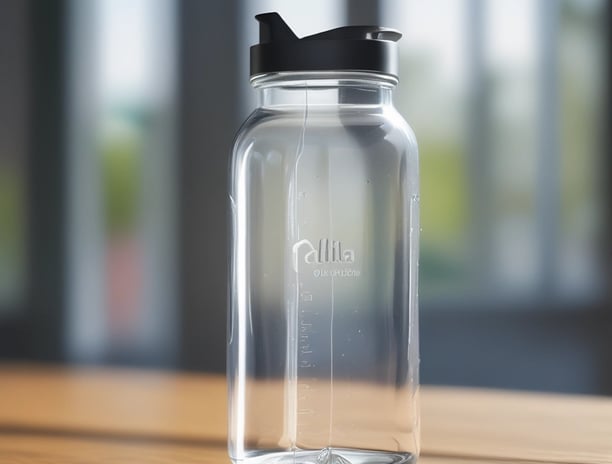 A clear bottle of sparkling water branded Mineragua is placed on a wooden table. Surrounding the bottle are plates of food, including a pizza and a dish garnished with various toppings and fresh greens. Sunlight filters through the surrounding space, casting soft shadows around the scene.