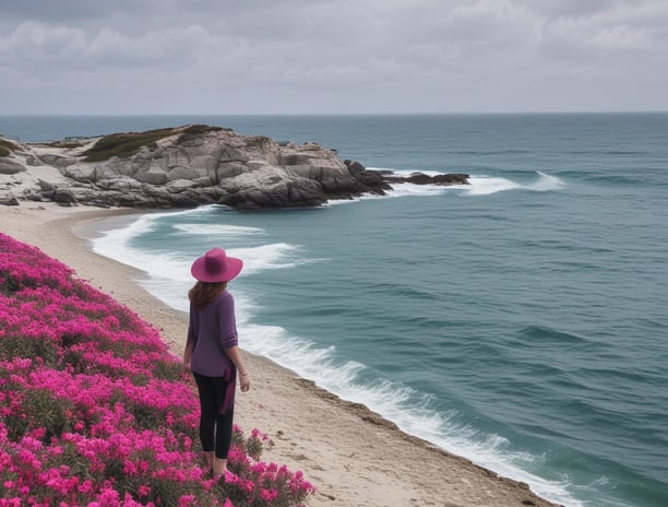 Three women stand on a rocky surface near water, overlooking a lush green landscape. They are dressed in casual attire with headscarves, and they appear happy and relaxed in their natural surroundings.