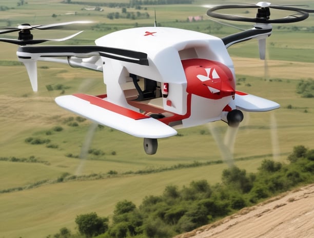 A drone captured in flight against a light sky background. The focus is on the body and propellers, with rotors in motion creating a blur effect. The drone appears sleek and modern, featuring sensors and a camera on the front.