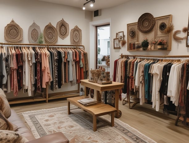 A cozy, warmly lit boutique or cafe with stylish clothes hanging on racks. There are round pendant lights and a decorative chalkboard. Floral arrangements adorn tables, and a person is seated and engaged in dining or working.