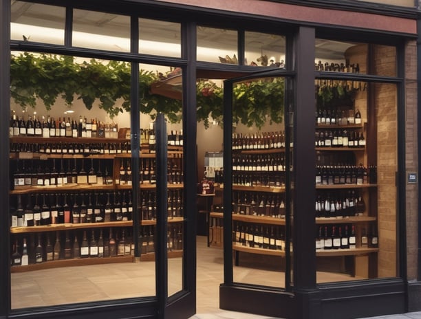 A turquoise-colored storefront with wooden paneling features a modern sign that reads 'Selected wine store ALTER EGO' alongside a graphic of a mustache and wine opener. Posters and notices are visible on the window, reflecting a cozy and inviting atmosphere. The door has a rustic handle, and some greenery is visible nearby.