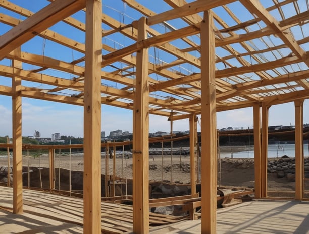 An intricate construction site with a complex framework of red steel beams and scaffolding stands prominently. Several white structural supports and yellow braces are visible, indicating an ongoing building project. The foreground displays signage in a language suggesting construction of luxury apartments.