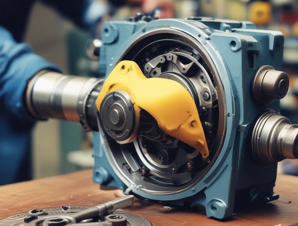 Close-up view of a metal mechanical component with interconnected rods and cylindrical gears, featuring metallic surfaces with various finishes, surrounded by industrial machinery parts.