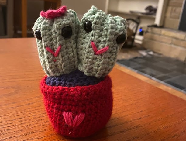 Small crocheted plush toy of two smiling cactuses sewed together and in a crocheted plant pot.