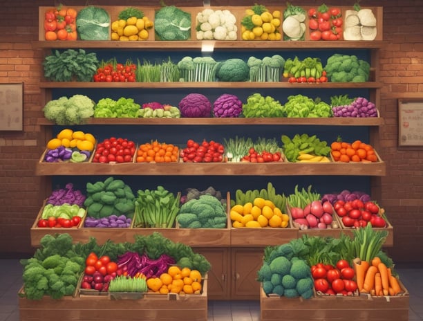 A vibrant display of various fresh vegetables neatly arranged in cardboard boxes and plastic packaging. The assortment includes green beans, spinach, broccoli, zucchini, bell peppers, mushrooms, and spring onions, creating a lively and colorful scene.