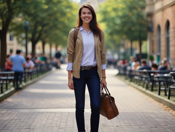 a woman in a tan jacket and jeans standing in front of a building