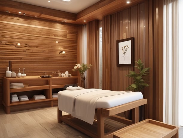 A modern and stylish beauty salon interior featuring wooden accents and a sleek design. The salon has a spacious layout with multiple salon chairs and mirrors under warm pendant lighting. Plants are used as decorative elements, adding a fresh and inviting atmosphere. The reception area has a wooden backdrop with the salon's name displayed, and there's a mix of contemporary furniture and decor.