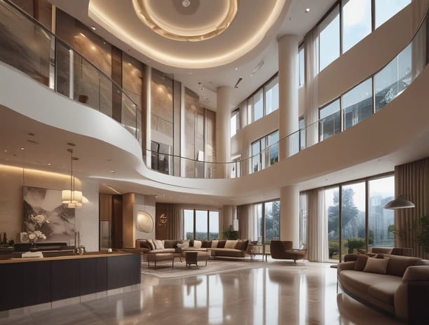 A modern architectural design featuring a series of large glass panels set in a geometric pattern. The structure includes strong lines and angular shapes, creating an expansive and airy space with natural light streaming through the transparent ceiling.