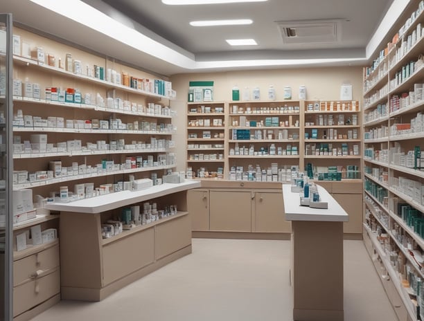 A clean and well-organized pharmacy interior with bright lighting. The central counter is labeled for prescriptions and is surrounded by shelves stocked with various pharmaceutical products. The predominant color scheme involves green and white, reflecting the pharmacy's branding. The aisles are spacious and neatly arranged with products.