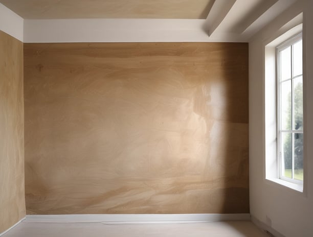 A room under renovation with unfinished walls and windows. A person is working on the floor, surrounded by construction materials including paint buckets, wooden planks, and plastic sheets. Sunlight streams in through the large windows, casting shadows on the partially plastered walls.