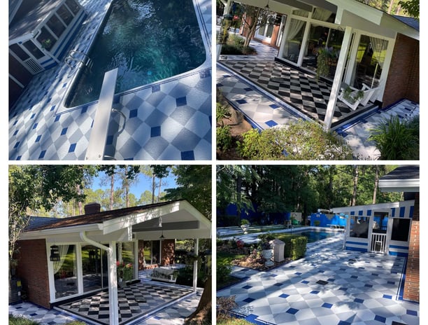 Outdoor patio and pool area remodeled with decorative floor painting and covered terrace by Garnet Painting & Remodeling GA i