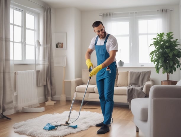 A robotic outdoor sweeper is positioned on a wooden deck surrounded by lush green trees. The machine is labeled with #ROBOCLEANING and appears to be designed for outdoor maintenance.