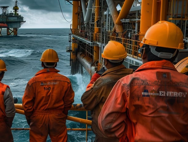 a group of people in orange uniforms standing in front of a large oil rig