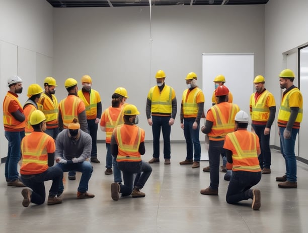 Four workers are engaged in an industrial setting, possibly an oil rig or construction site. They are wearing protective clothing and helmets, surrounded by heavy machinery and equipment. The environment suggests manual labor and teamwork.