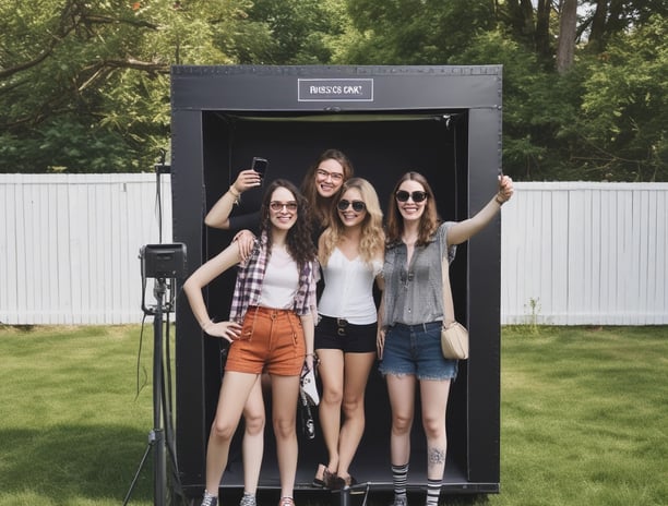 A photo booth in a public space with a bright display on one side showcasing a variety of advertisements and services, including passport and visa photo options. Inside the booth, partially visible legs of a person are seated on a glowing red stool with a curtain drawn partially closed. The booth is positioned against a white wall with fire safety signs nearby.