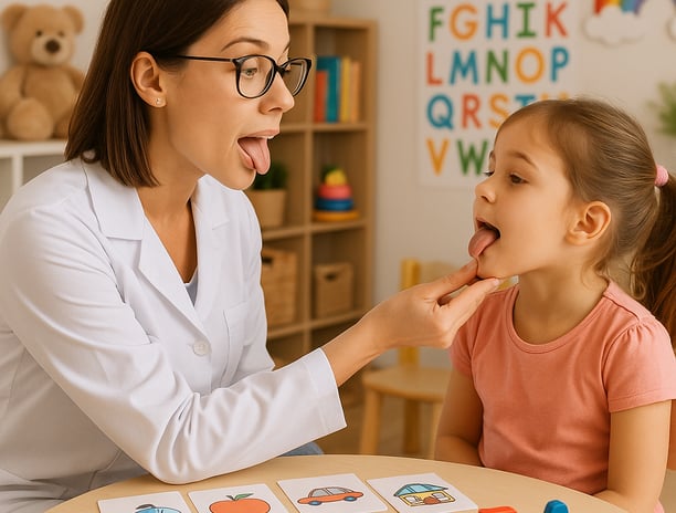 Profissional ensinando técnica para desenvolvimento de fala para uma criança